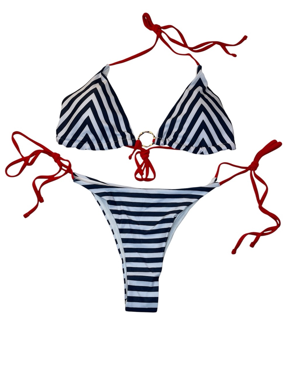SHEIN Navy & White Striped Triangle Bikini with Red Ties Women’s size Large
